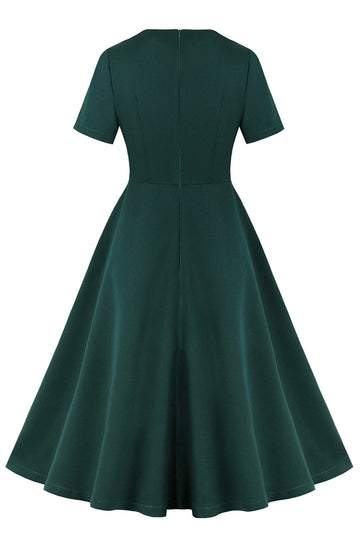 Verde escuro babado mangas curtas vestido dos anos 1950